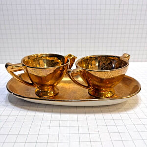 VTG MCM Lady Hamilton 22k Warranted Gold Cup Pair Floral Etching w Saucer Set